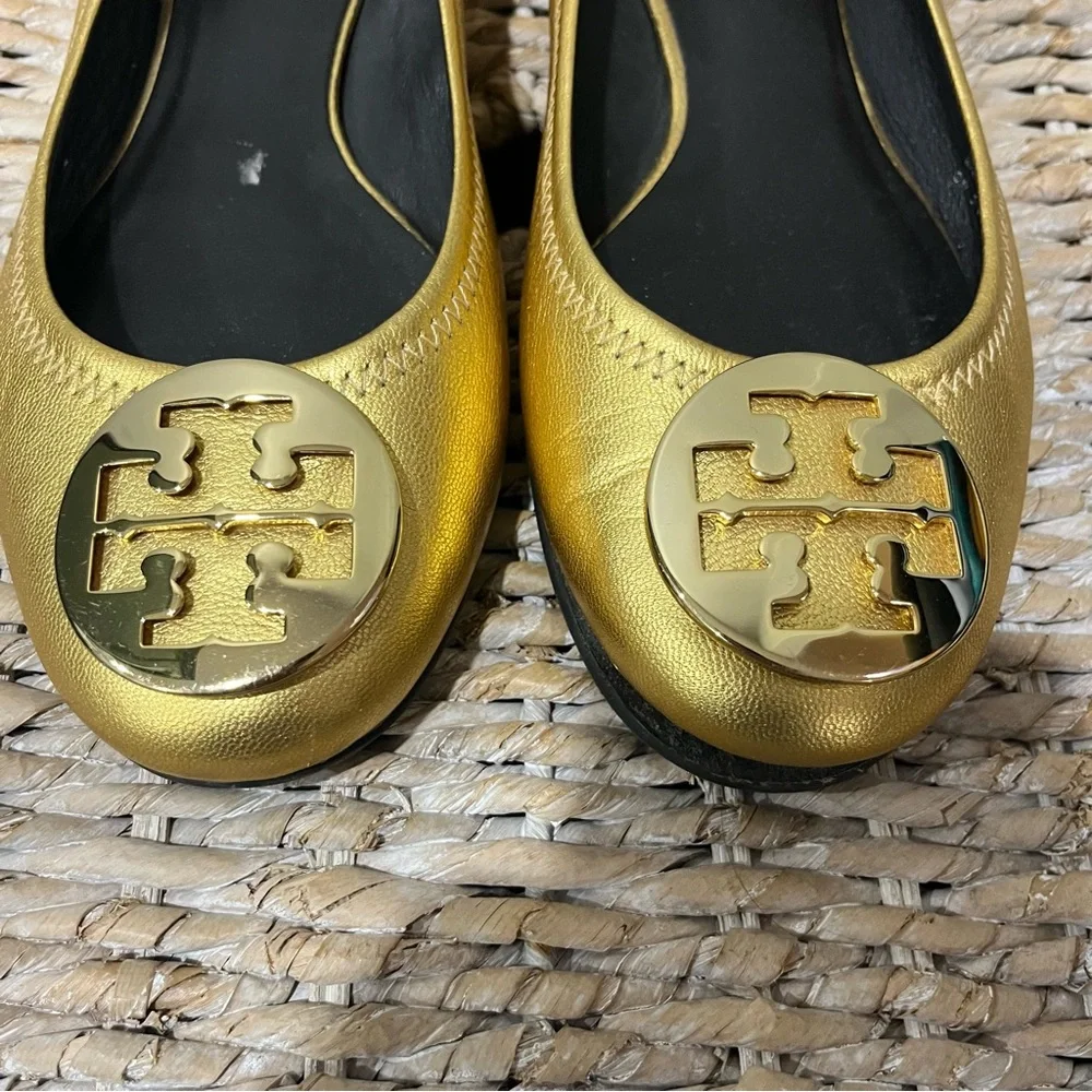 Tory Burch‎ Womens Metallic Logo Reva Leather Ballet Flats Size: 10.5 50008619